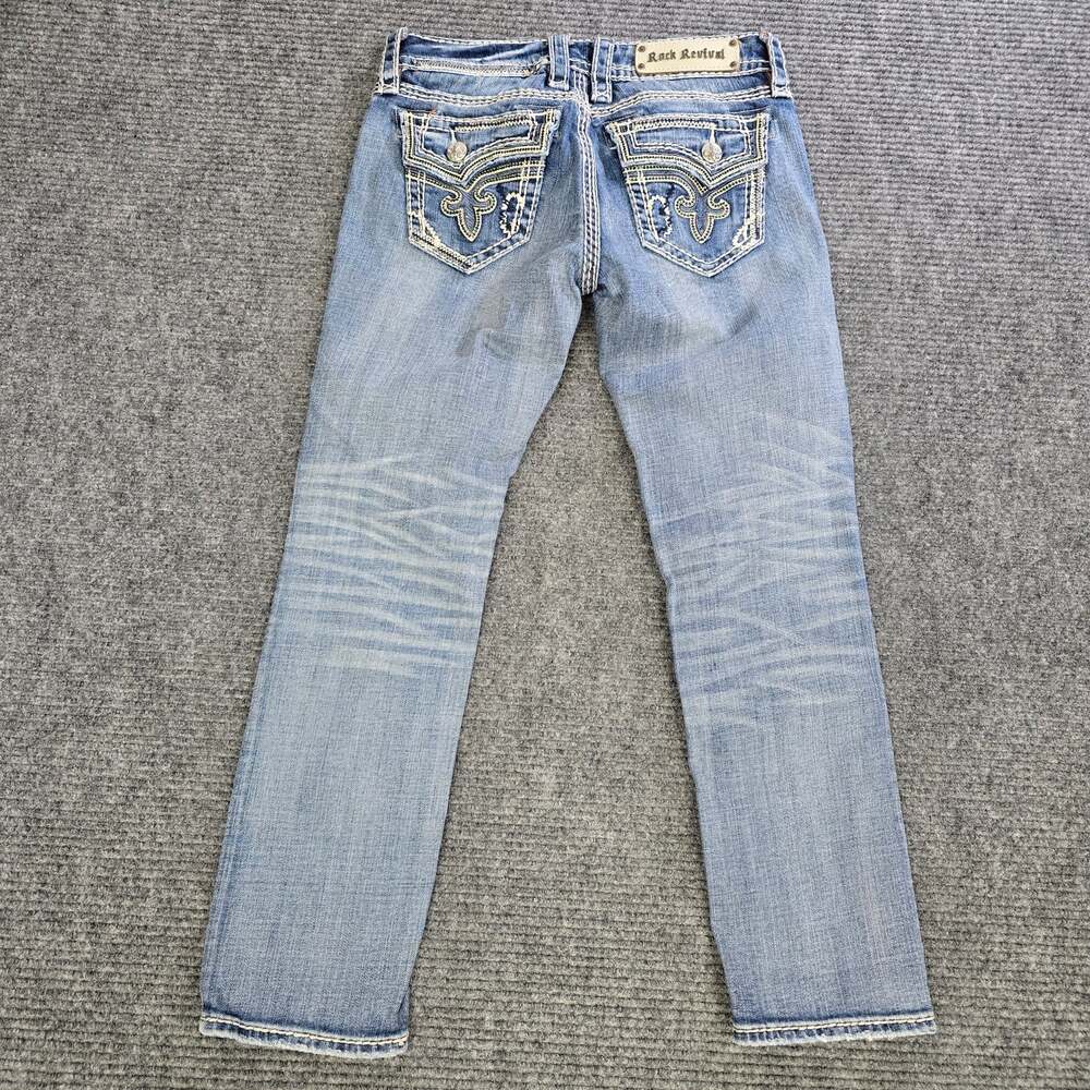 Rock Revival Kai Capri Jeans Womens 28 Blue Distressed Flap Pocket